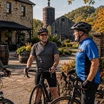 guys on a bike tour stopped outside a bourbon distillery