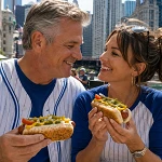 Couple in Cubs jerseys sharing Chicago-style hot dogs along the Chicago Riverwalk