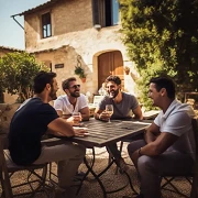 group of guys enjoying wine on a beautiful day in Tuscany