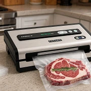 FRESKO AutoMax V8 vacuum sealer on a kitchen counter sealing a ribeye steak, with the included bag roll and pre-cut bags beside it