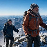Two men in their 50s hiking to a snowy mountain summit on a clear winter morning