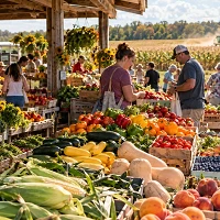 Farm stand piled with corn, squash, peppers, peaches and blueberries while a combine harvests the field behind it