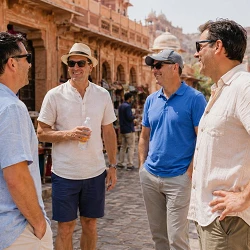 Four men in short sleeves talking together on a stone street lined with market stalls in Rajasthan, India