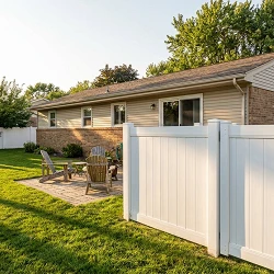 White vinyl privacy fence and gate latch around the backyard and patio of a single-story ranch style house (AI-generated image)