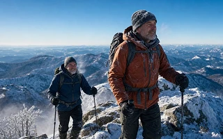 Two men in their 50s hiking to a snowy mountain summit on a clear winter morning