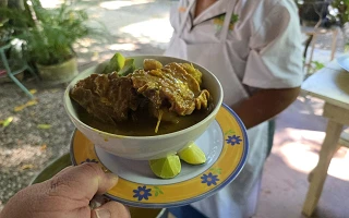 Bowl of Caribbean stew with avocado and lime served at an open-air restaurant (photo: James Hills)