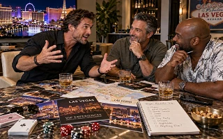 Three friends planning a Vegas bachelor party at a lounge table with a checklist, maps, cards, and casino chips