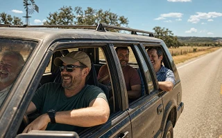 Group of men laughing in a dusty SUV with the windows down on a summer road trip through the Texas Hill Country