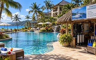 All-inclusive resort pool beside a fishing excursion and dive shop shack with scuba tanks and fins