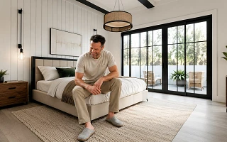 A dad in wool clogs sitting on the edge of his bed in a bright modern bedroom