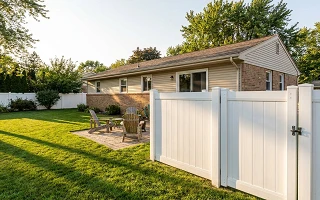 White vinyl privacy fence and gate latch around the backyard and patio of a single-story ranch style house (AI-generated image)
