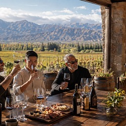 South America Bachelor Party Ideas: From Cartagena Villas To Patagonia Treks Three guys at a Mendoza vineyard tasting with a sommelier presenting a bottle, Andes mountains and rolling vineyards in the background